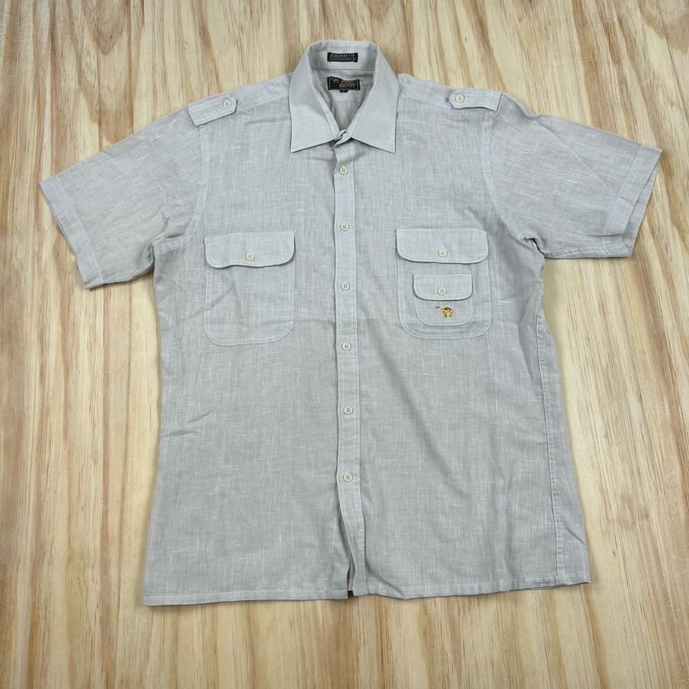 VTG 70s 80's John Henry Beige Short Sleeve Button Camel Knit Shirt Men's Large